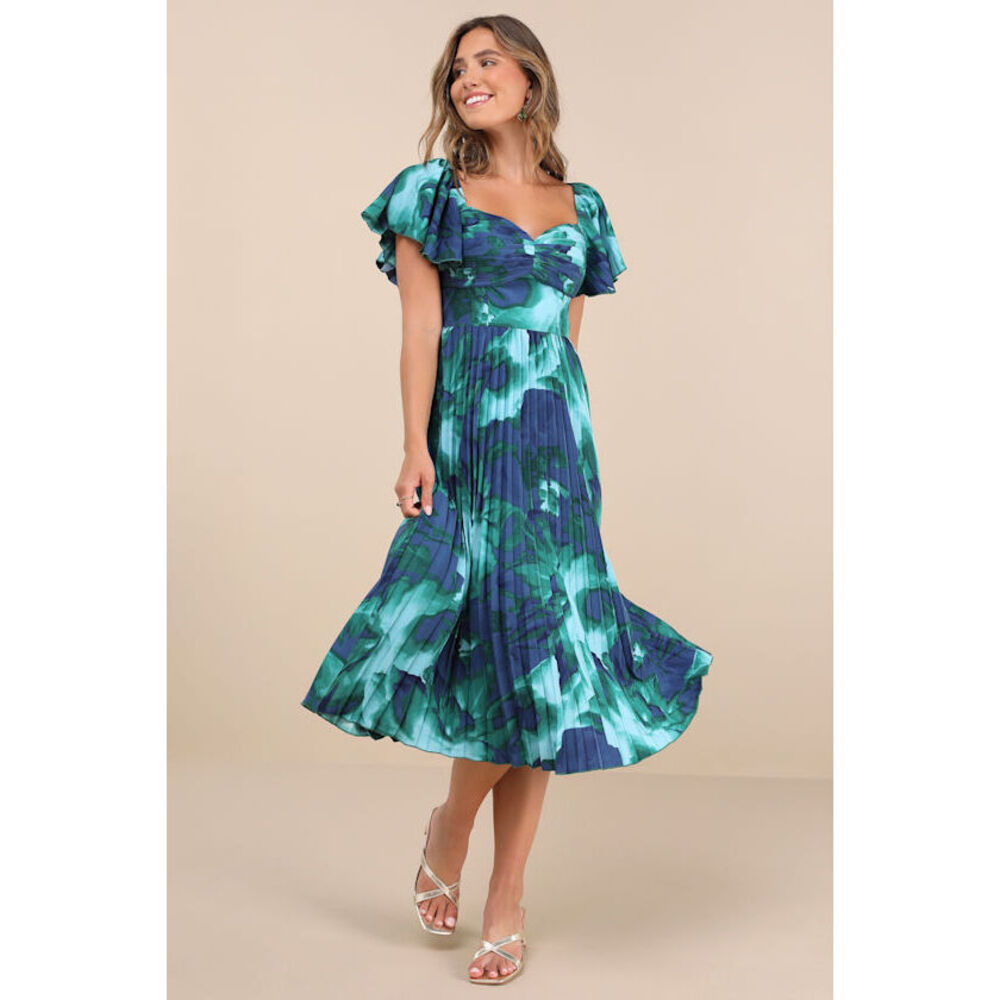 Lulus Authentically Yours Teal Multi Abstract Print Satin Midi Dress Blue